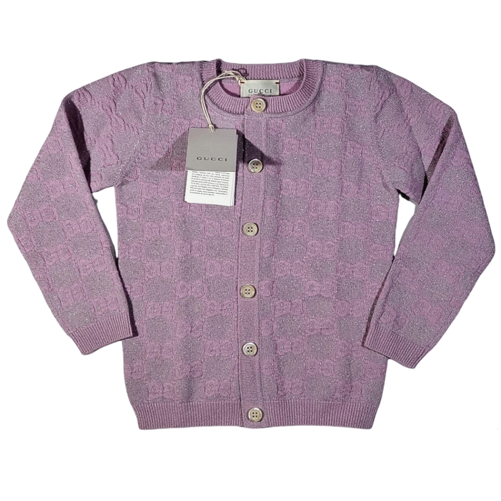 Gucci Pink Cardigan Kids GG Monogram with Silver Glitter Undertone Authentic